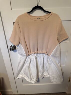 Pilcro from Anthropologie Beige and White Drawstring mixed media mini dress